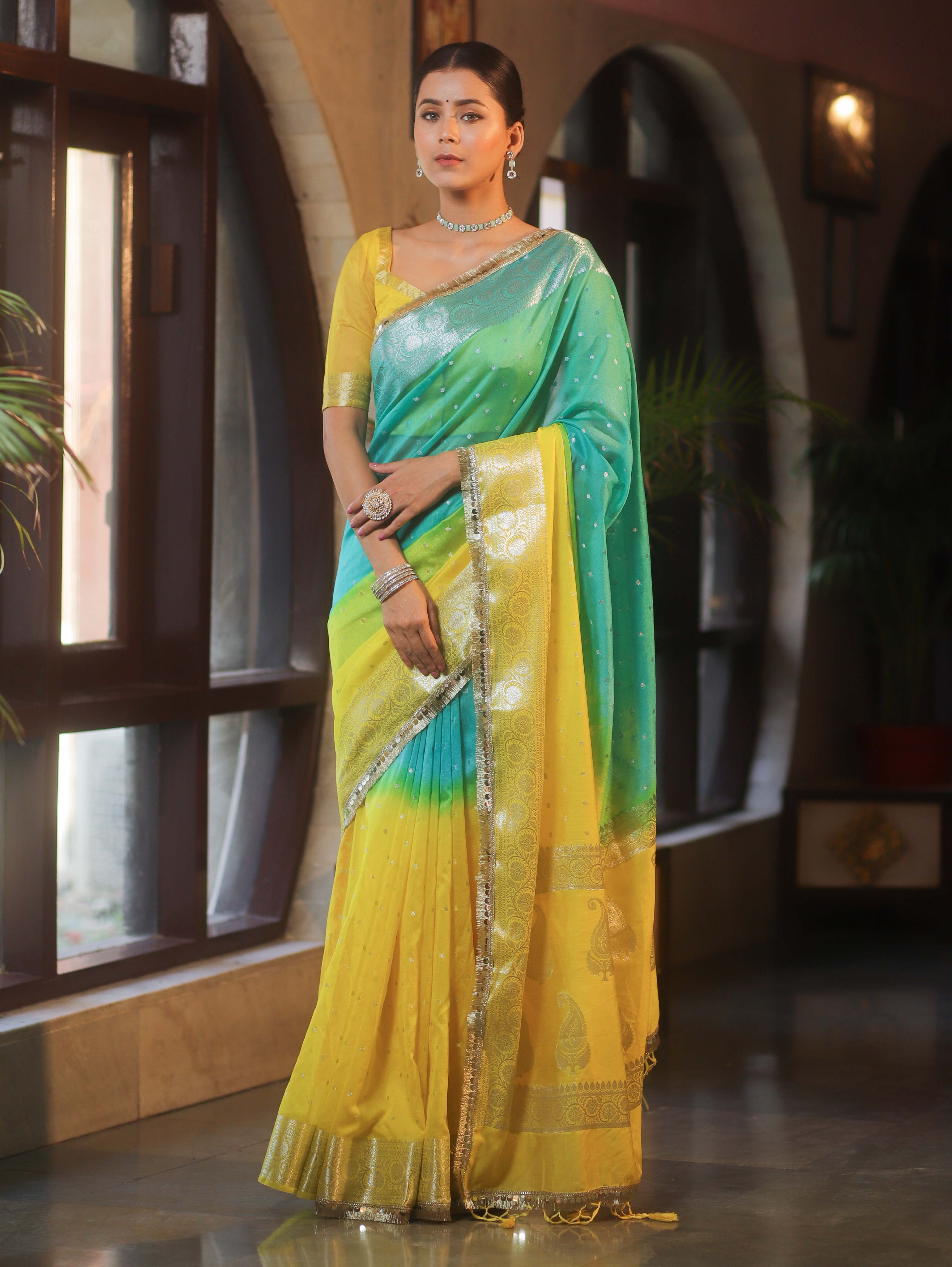 Banarasee Handwoven Semi-Chiffon Dual Color Saree With Silver Zari & Lace-Green & Yellow