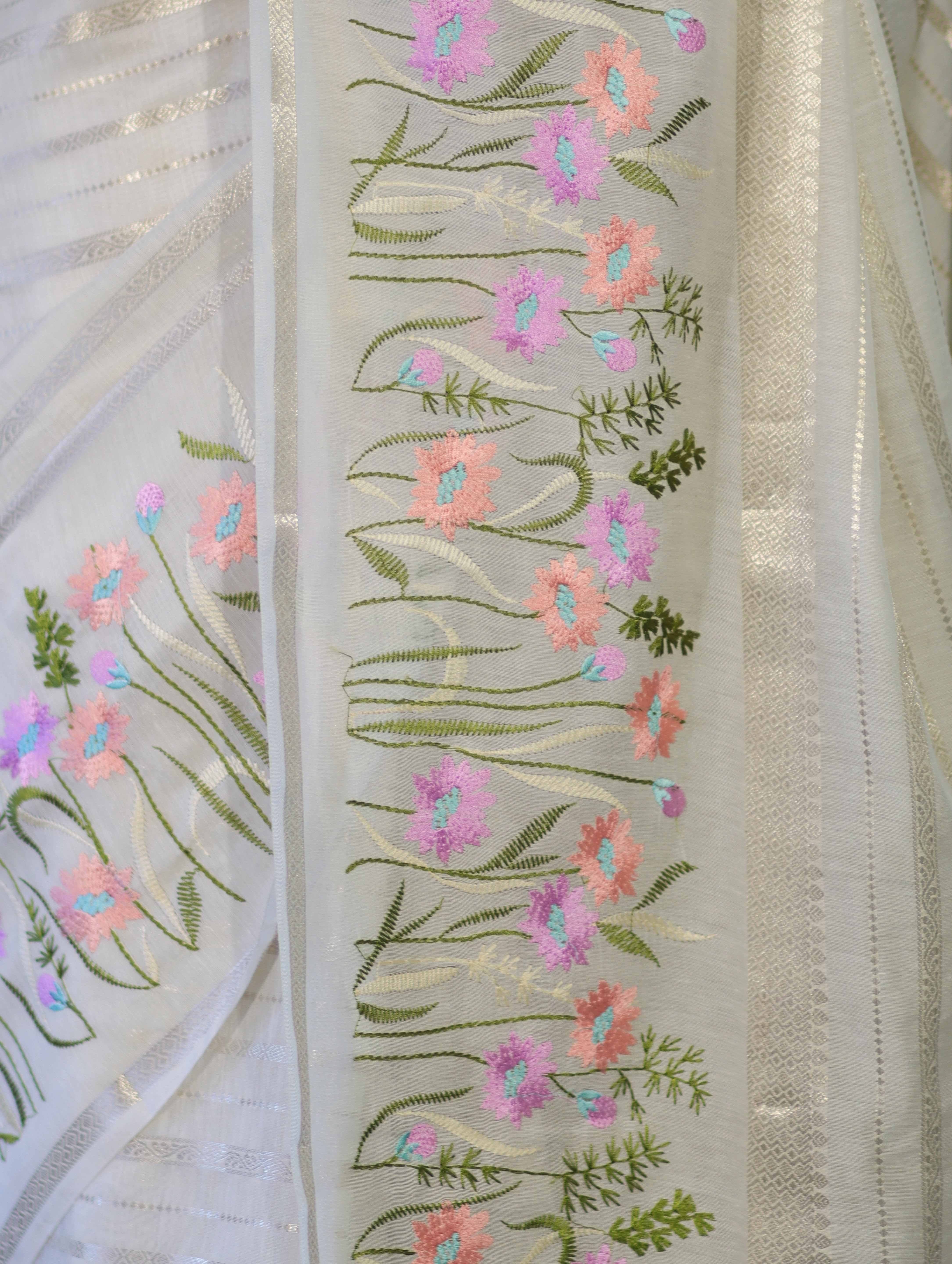 Banarasee Handloom Semi Silk Saree With Zari Stripe Pattern & Thread Floral Border-Off White