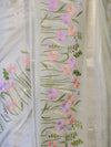 Banarasee Handloom Semi Silk Saree With Zari Stripe Pattern & Thread Floral Border-Off White