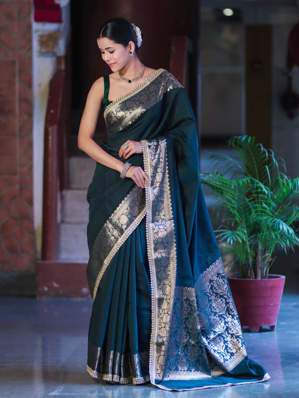 Banarasee Handloom Semi Silk Plain Saree With Zari Border & Lace-Deep Green