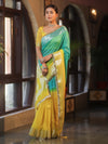 Banarasee Handwoven Semi-Chiffon Dual Color Saree With Silver Zari & Lace-Green & Yellow