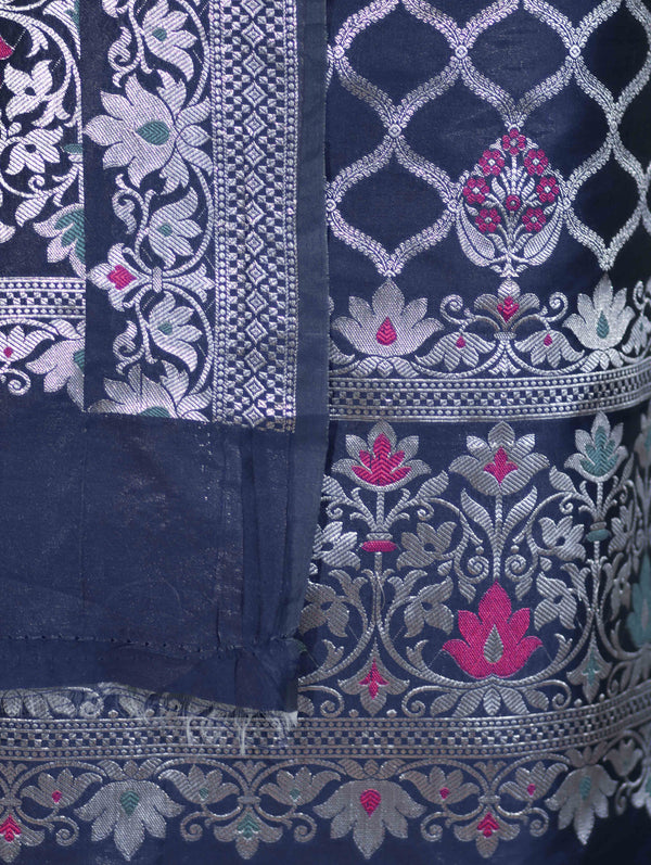 Banarasee Semi-Silk Silver Zari Work Salwar Kameez Fabric With Dupatta Set-Navy Blue