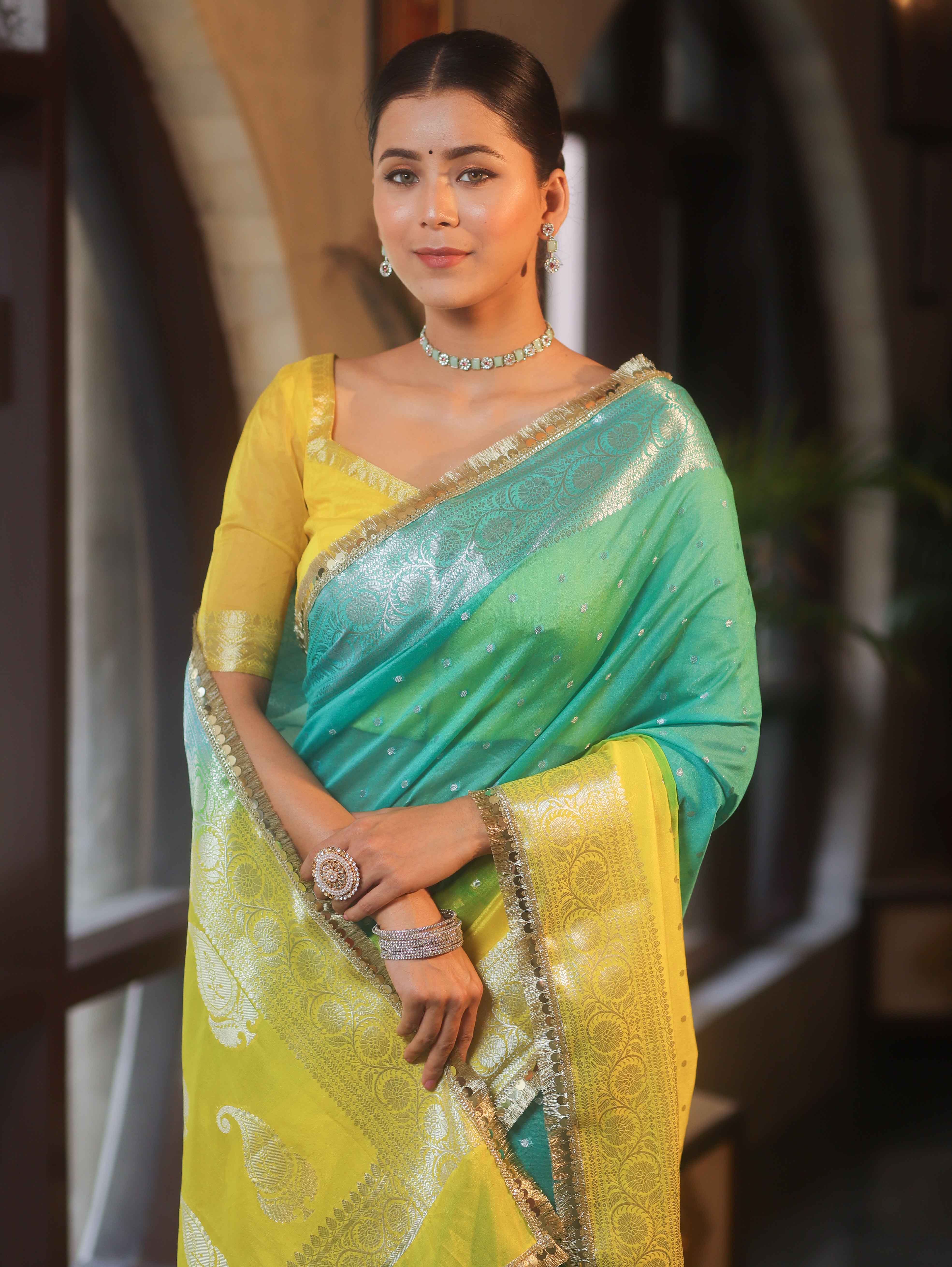 Banarasee Handwoven Semi-Chiffon Dual Color Saree With Silver Zari & Lace-Green & Yellow