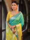 Banarasee Handwoven Semi-Chiffon Dual Color Saree With Silver Zari & Lace-Green & Yellow