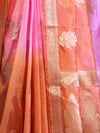 Banarasee Handloom Dual Color Dupion Silk Saree With Zari Floral Buta Design & Border-Rust & Pink