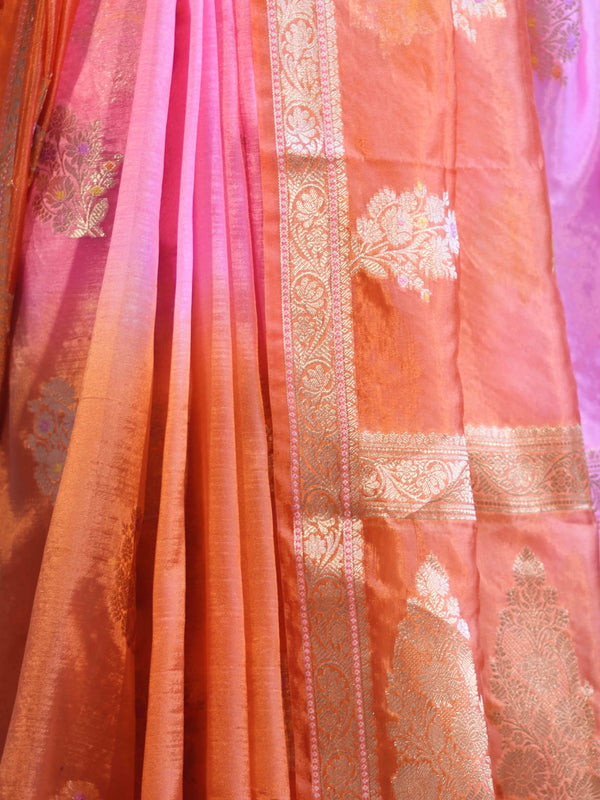 Banarasee Handloom Dual Color Dupion Silk Saree With Zari Floral Buta Design & Border-Rust & Pink