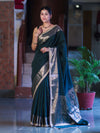 Banarasee Handloom Semi Silk Plain Saree With Zari Border & Lace-Deep Green