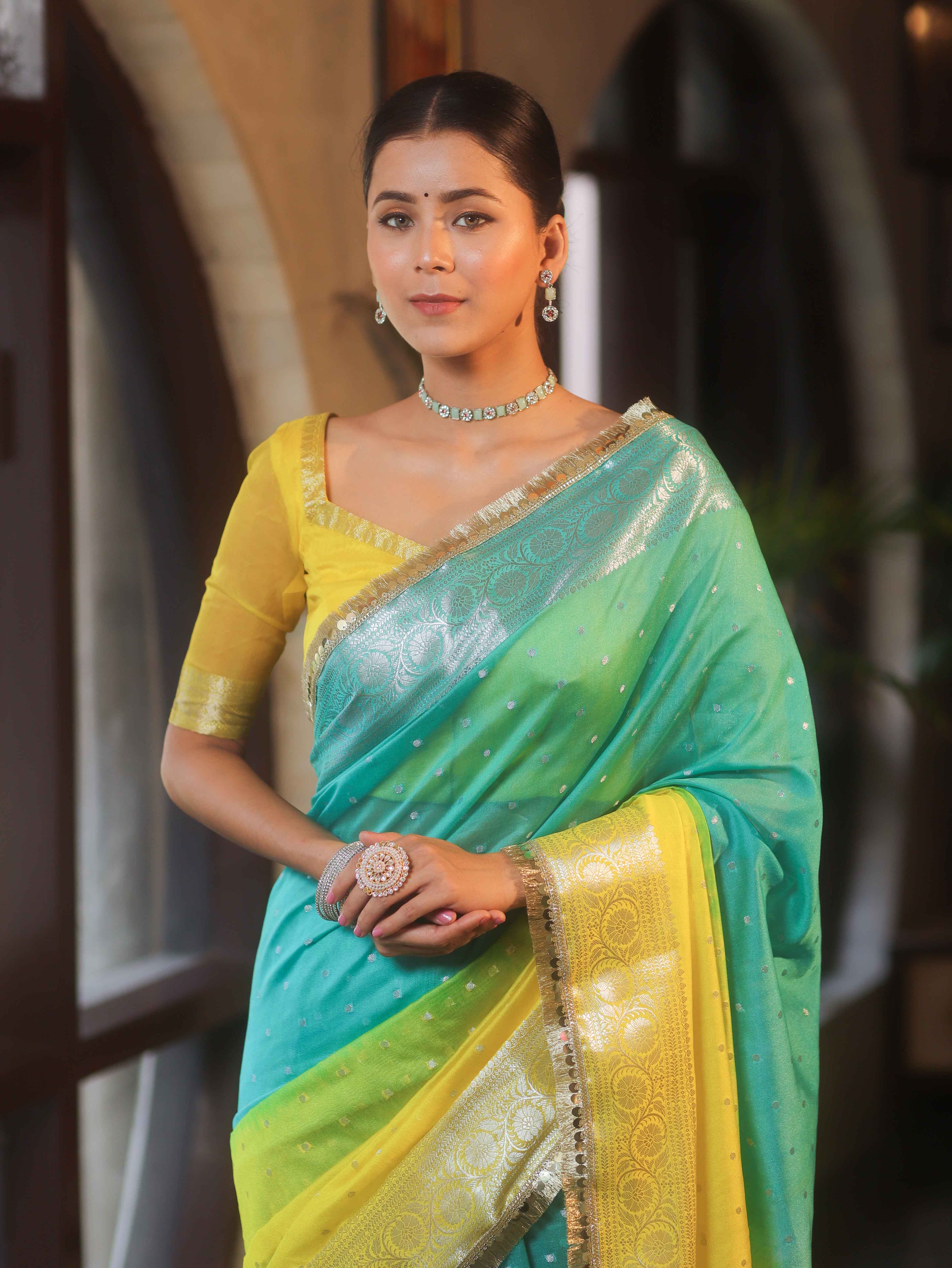 Banarasee Handwoven Semi-Chiffon Dual Color Saree With Silver Zari & Lace-Green & Yellow