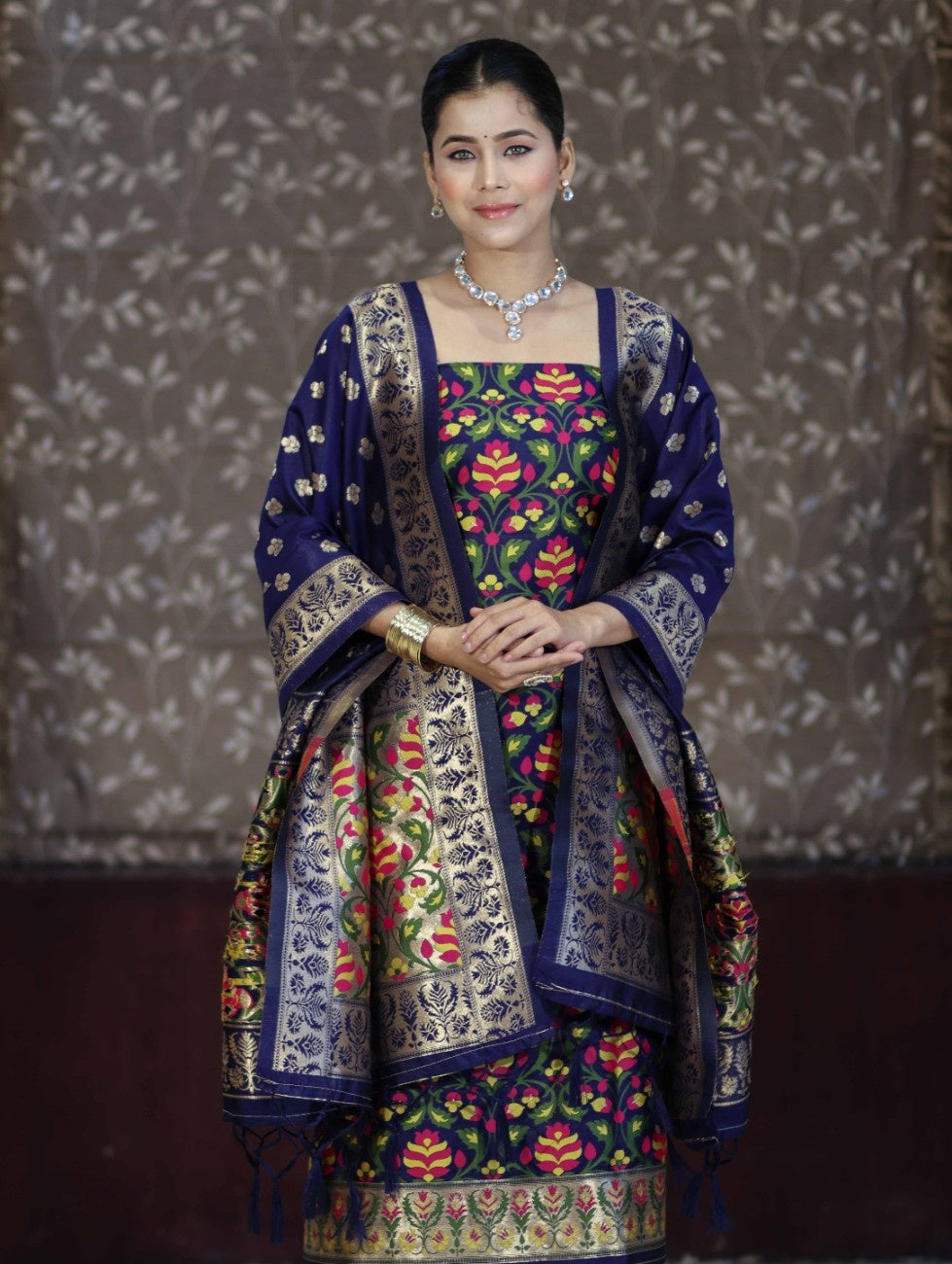 Banarasee Semi-Silk Zari & Resham Work Salwar Kameez Fabric With Dupatta Set-Navy Blue