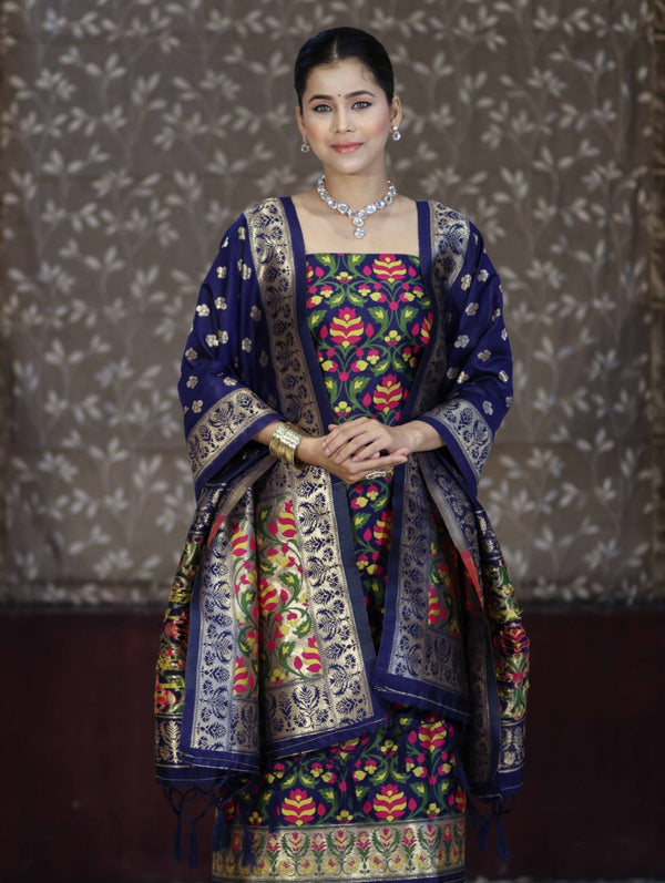 Banarasee Semi-Silk Zari & Resham Work Salwar Kameez Fabric With Dupatta Set-Navy Blue