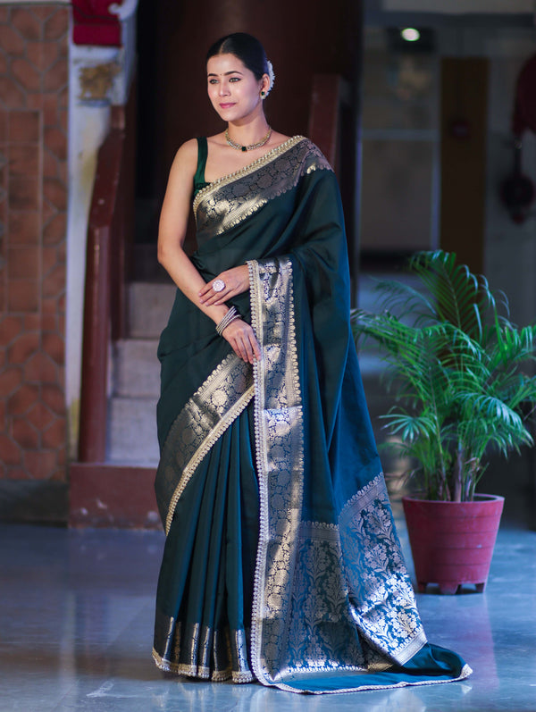 Banarasee Handloom Semi Silk Plain Saree With Zari Border & Lace-Deep Green