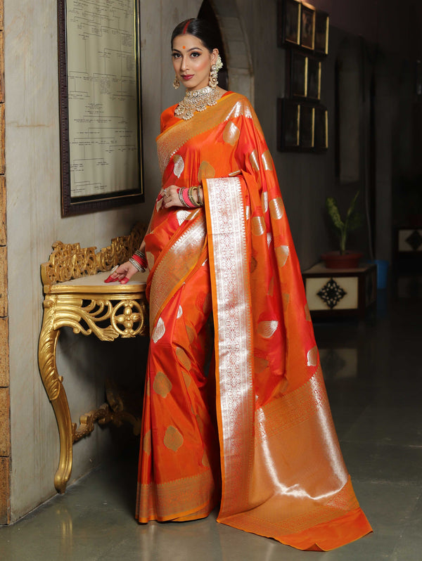 Banarasee Handwoven Semi-Katan Tanchoi Weaving Floral Border Saree-Orange