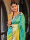 Banarasee Handwoven Semi-Chiffon Dual Color Saree With Silver Zari & Lace-Green & Yellow