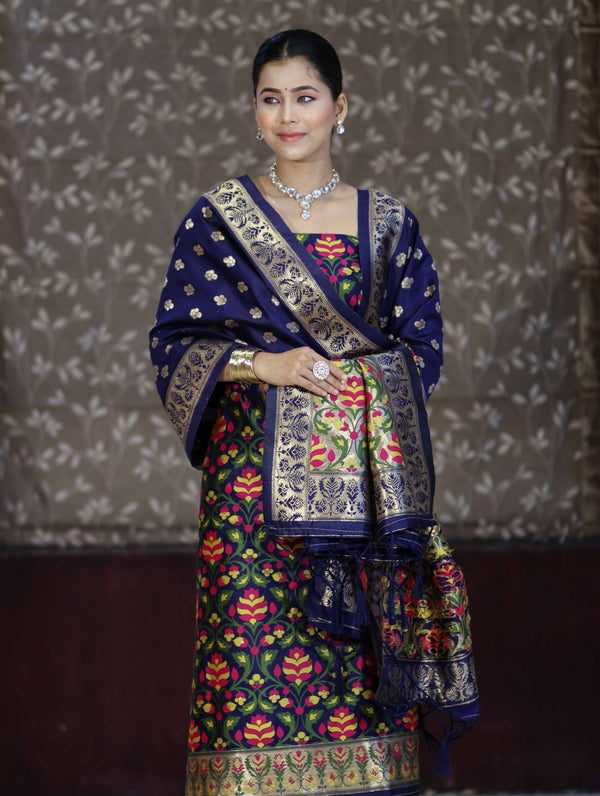 Banarasee Semi-Silk Zari & Resham Work Salwar Kameez Fabric With Dupatta Set-Navy Blue