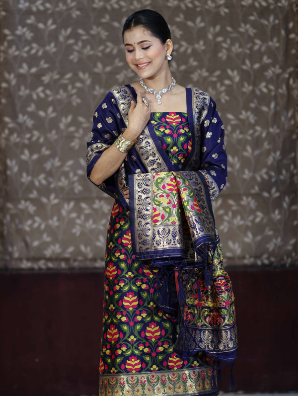 Banarasee Semi-Silk Zari & Resham Work Salwar Kameez Fabric With Dupatta Set-Navy Blue