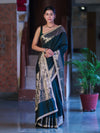 Banarasee Handloom Semi Silk Plain Saree With Zari Border & Lace-Deep Green