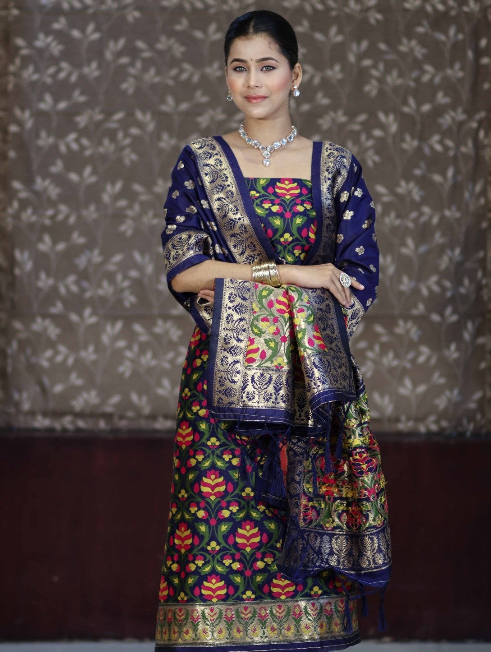 Banarasee Semi-Silk Zari & Resham Work Salwar Kameez Fabric With Dupatta Set-Navy Blue