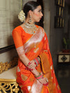 Banarasee Handwoven Semi-Katan Tanchoi Weaving Floral Border Saree-Orange