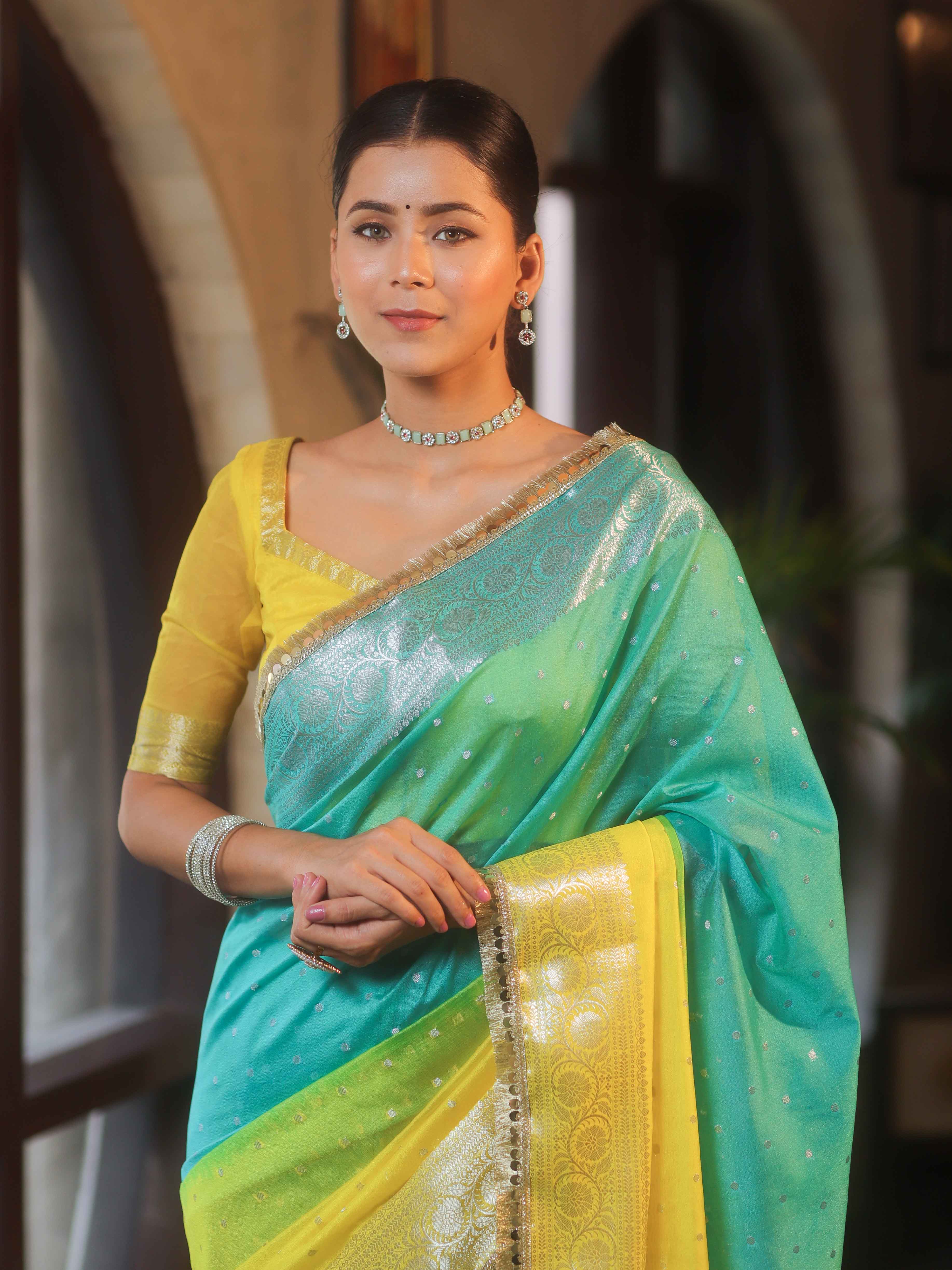 Banarasee Handwoven Semi-Chiffon Dual Color Saree With Silver Zari & Lace-Green & Yellow