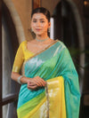 Banarasee Handwoven Semi-Chiffon Dual Color Saree With Silver Zari & Lace-Green & Yellow