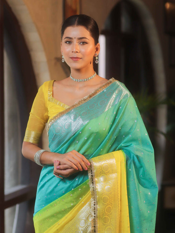 Banarasee Handwoven Semi-Chiffon Dual Color Saree With Silver Zari & Lace-Green & Yellow