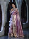Banarasee Handwoven Tissue Saree With Floral Zari Border & Mirror Work Lace–Onion Pink