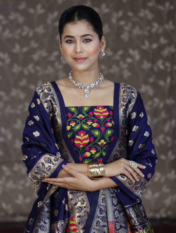 Banarasee Semi-Silk Zari & Resham Work Salwar Kameez Fabric With Dupatta Set-Navy Blue