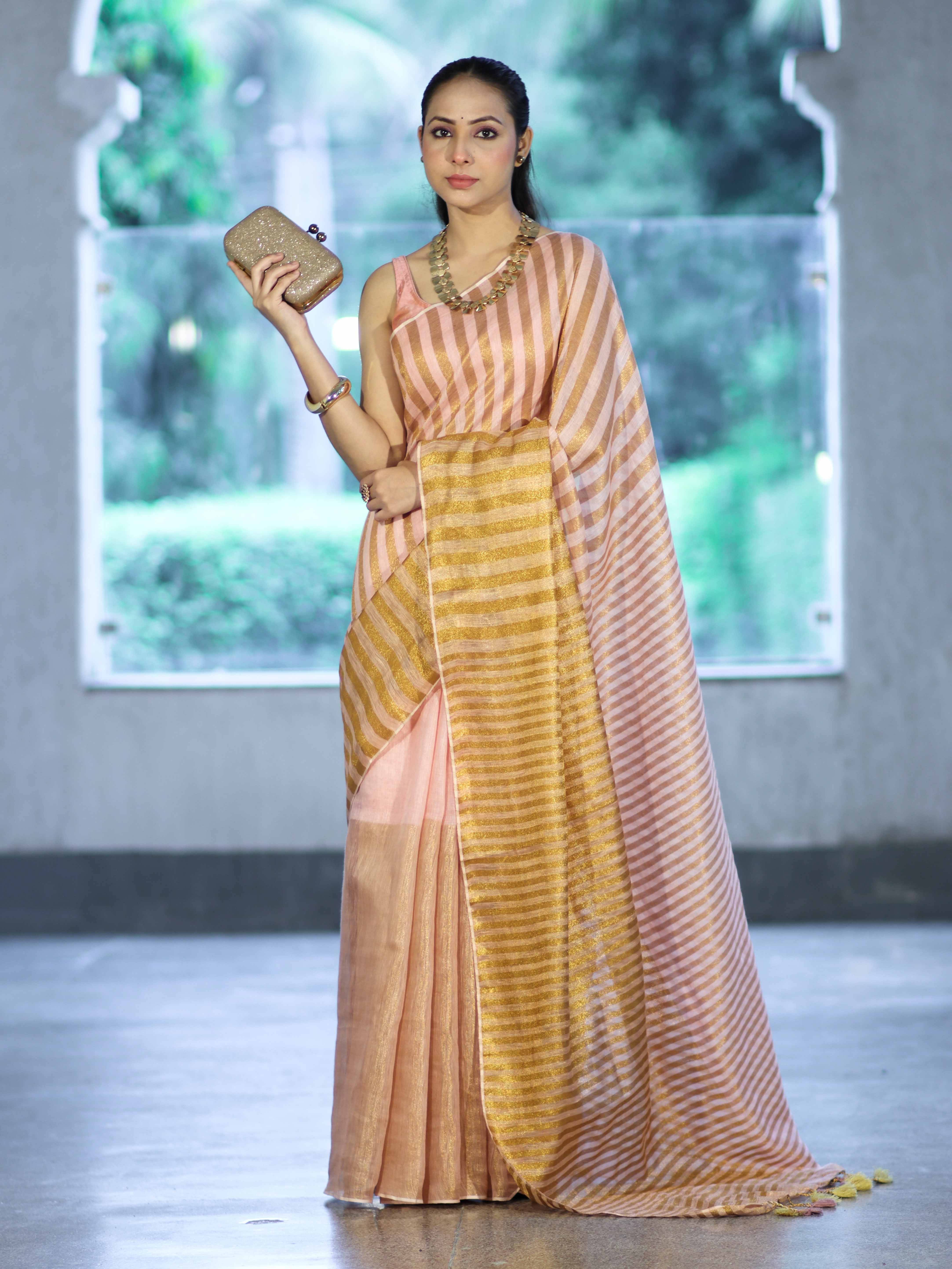 Bhagalpur Handloom Pure Linen Cotton Saree With Zari Stripes Design-Peach & Gold
