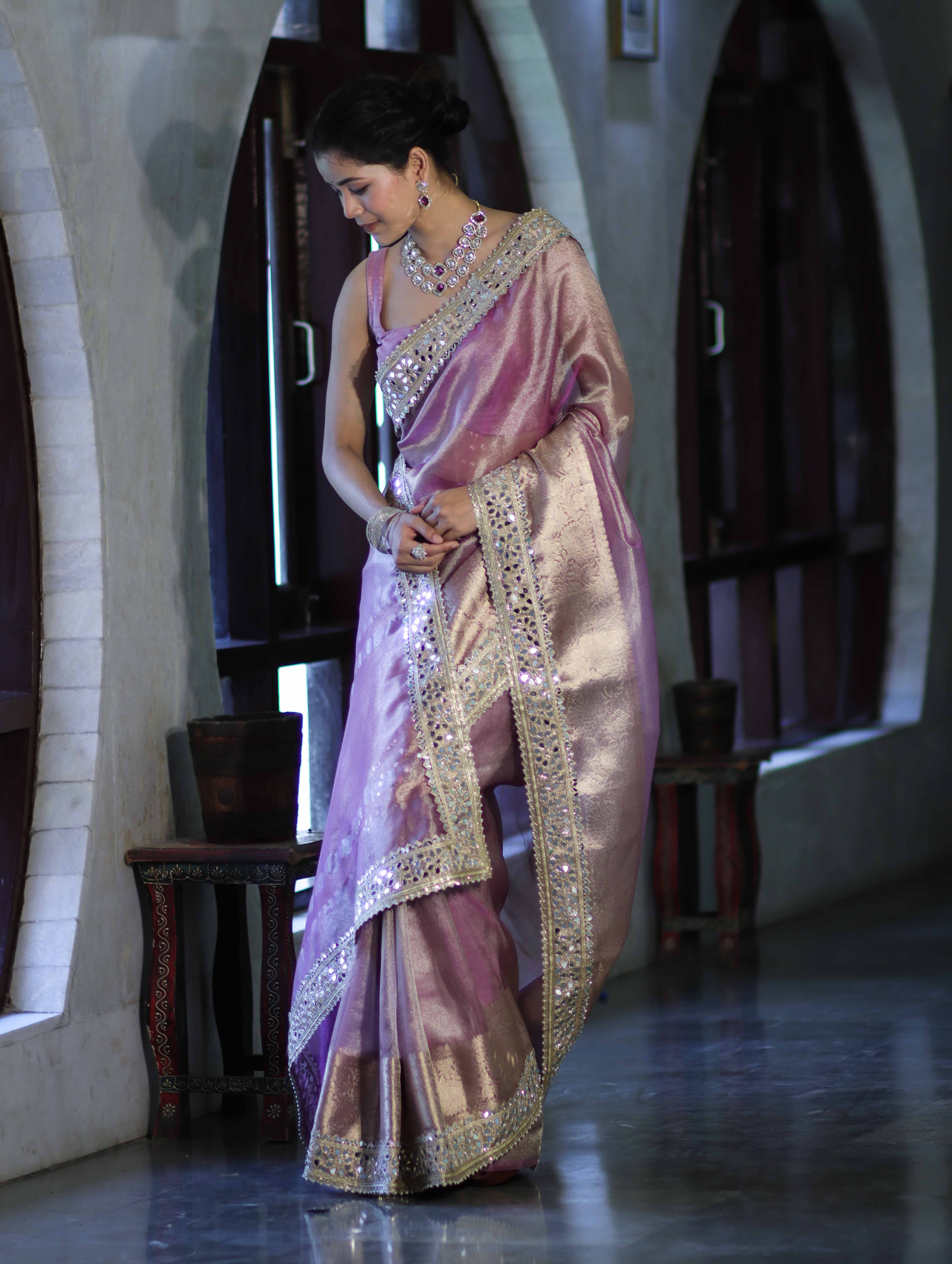 Banarasee Handwoven Tissue Saree With Floral Zari Border & Mirror Work Lace–Onion Pink