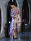 Banarasee Handwoven Tissue Saree With Floral Zari Border & Mirror Work Lace–Onion Pink