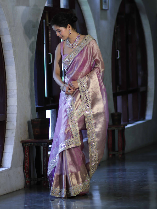 Banarasee Handwoven Tissue Saree With Floral Zari Border & Mirror Work Lace–Onion Pink