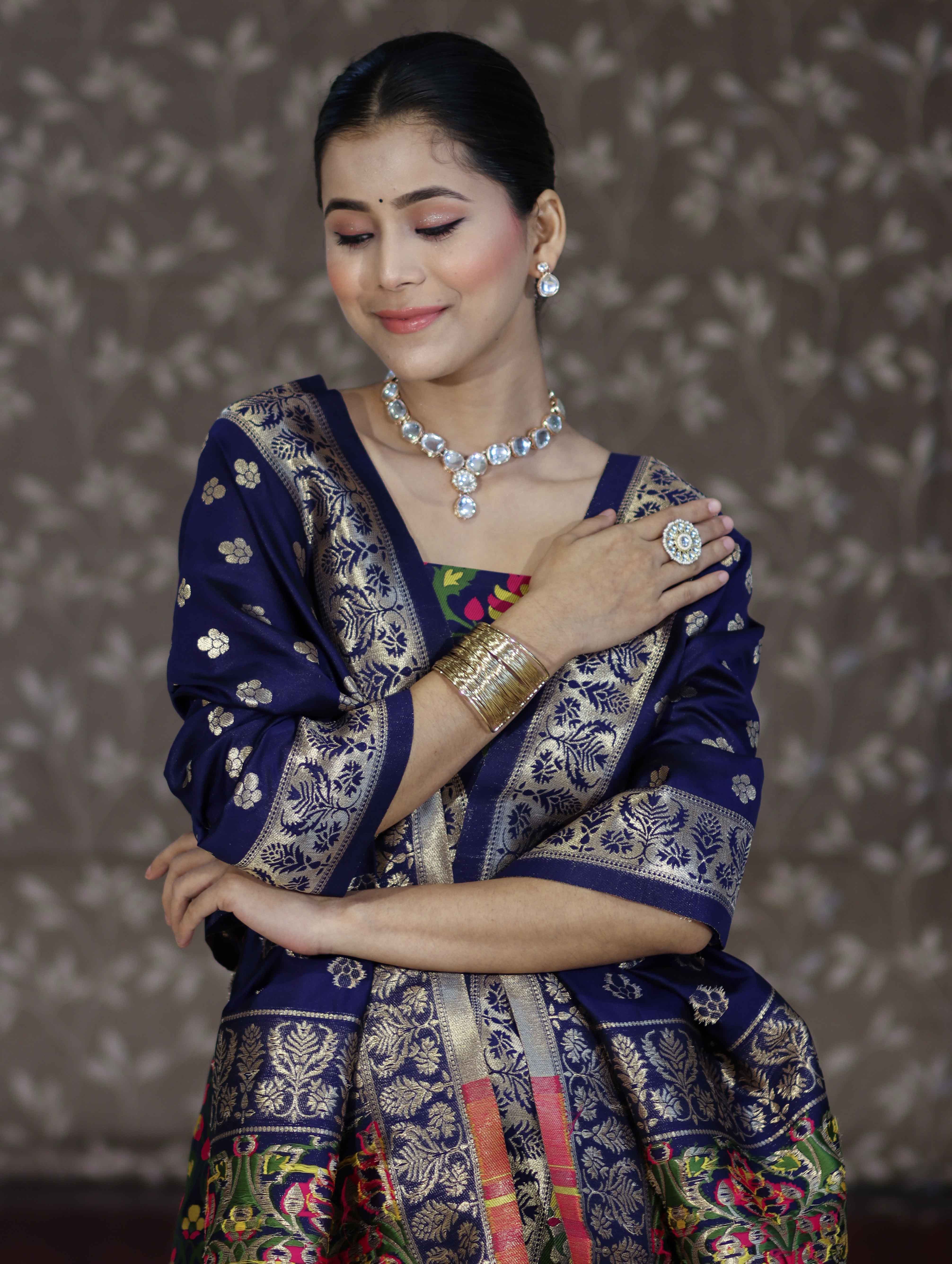 Banarasee Semi-Silk Zari & Resham Work Salwar Kameez Fabric With Dupatta Set-Navy Blue