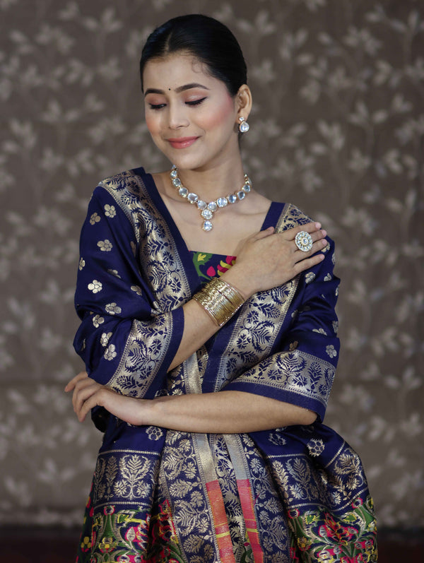 Banarasee Semi-Silk Zari & Resham Work Salwar Kameez Fabric With Dupatta Set-Navy Blue