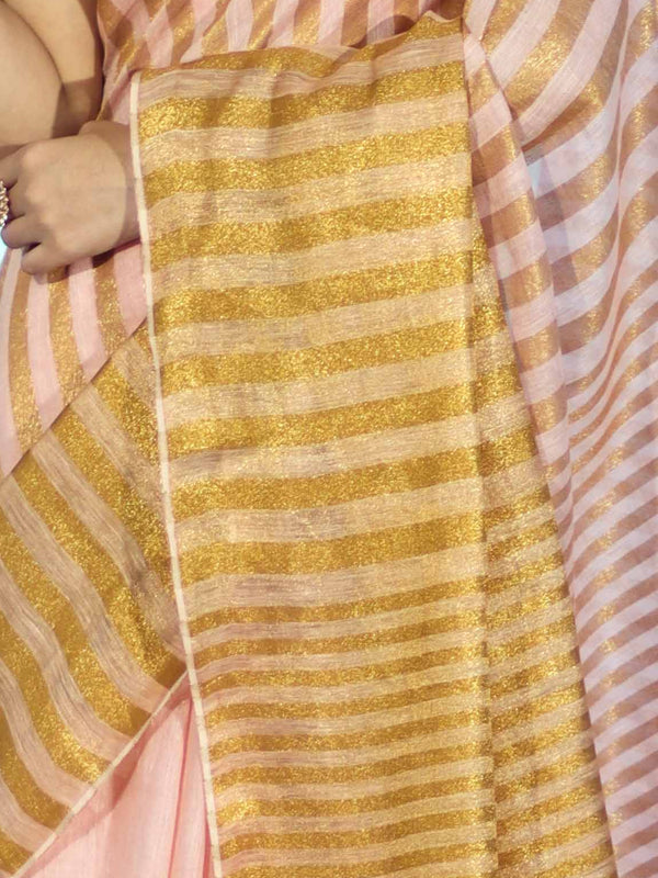 Bhagalpur Handloom Pure Linen Cotton Saree With Zari Stripes Design-Peach & Gold