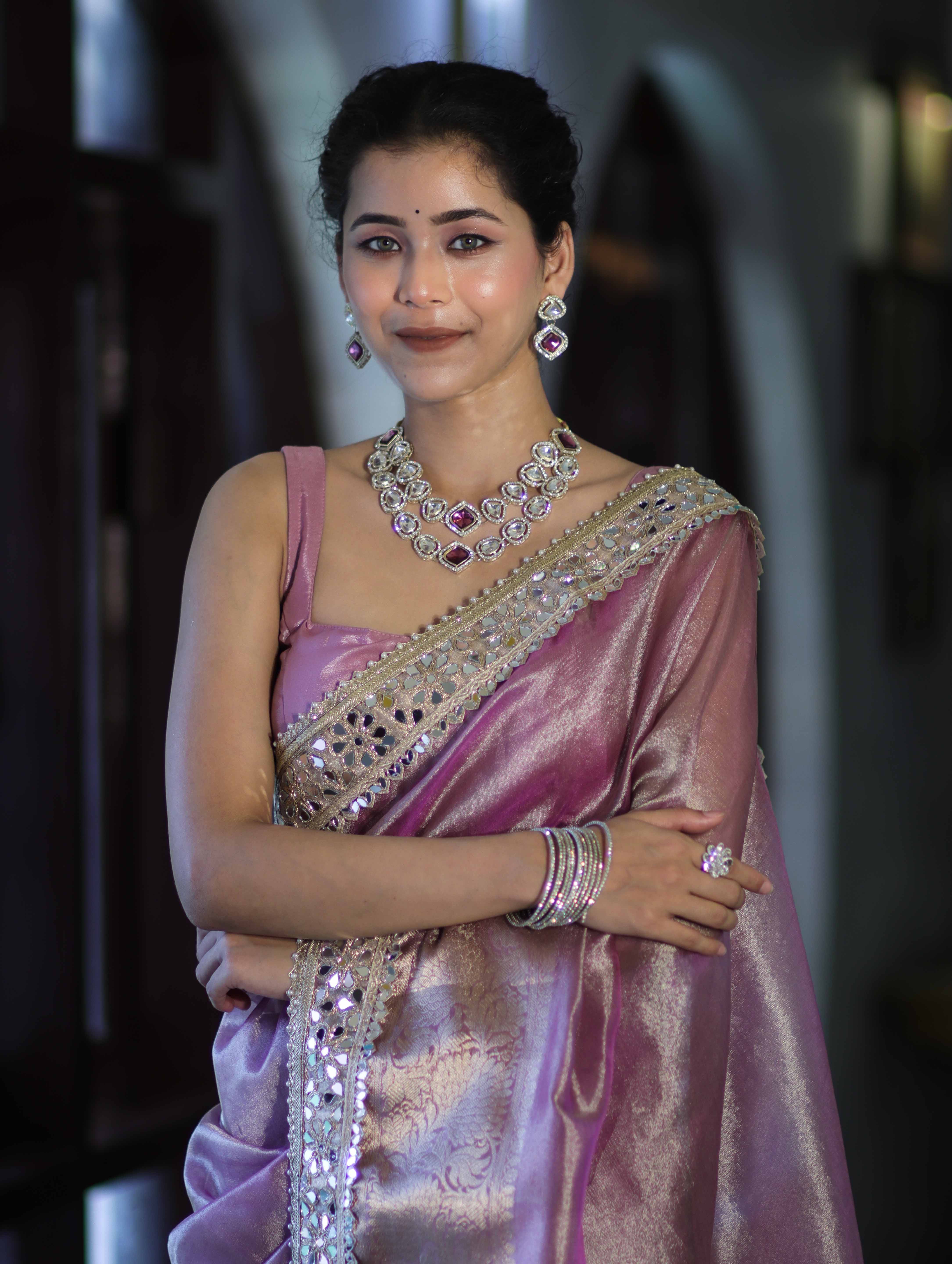 Banarasee Handwoven Tissue Saree With Floral Zari Border & Mirror Work Lace–Onion Pink