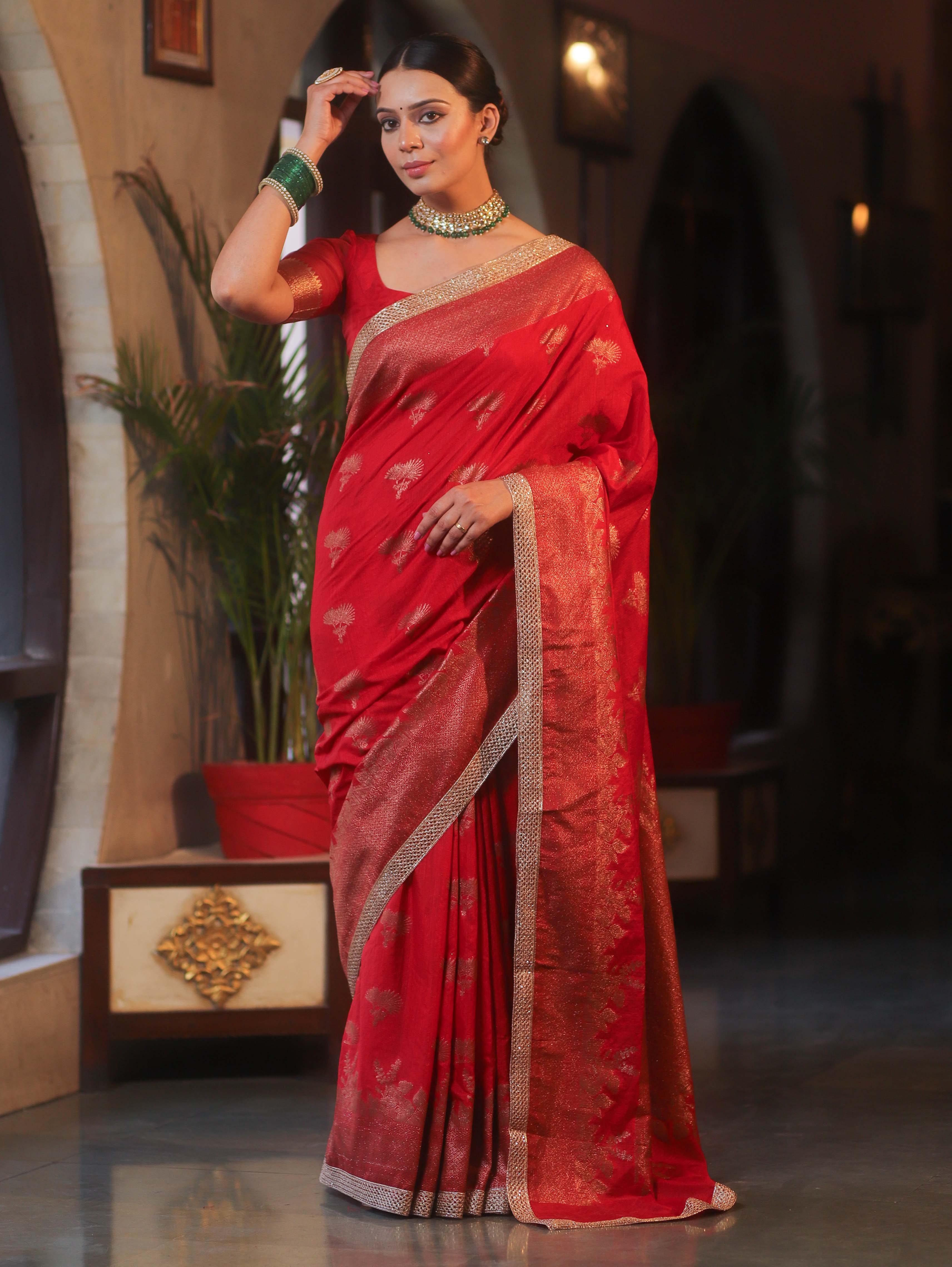 Banarasee Handwoven Silk Cotton Saree Antique Zari Buti & Border With Lace-Red