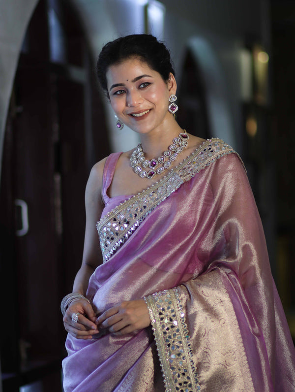 Banarasee Handwoven Tissue Saree With Floral Zari Border & Mirror Work Lace–Onion Pink