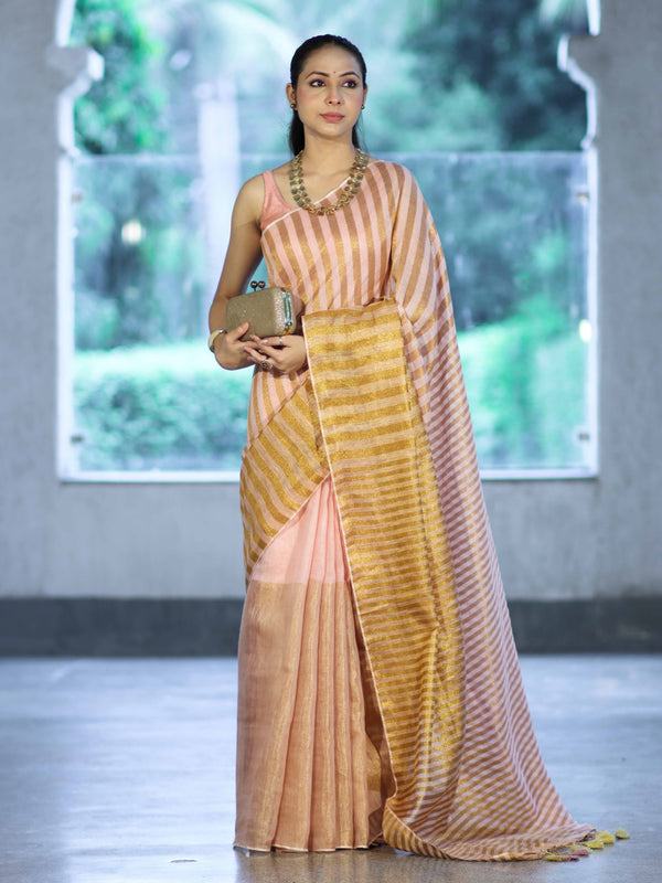 Bhagalpur Handloom Pure Linen Cotton Saree With Zari Stripes Design-Peach & Gold