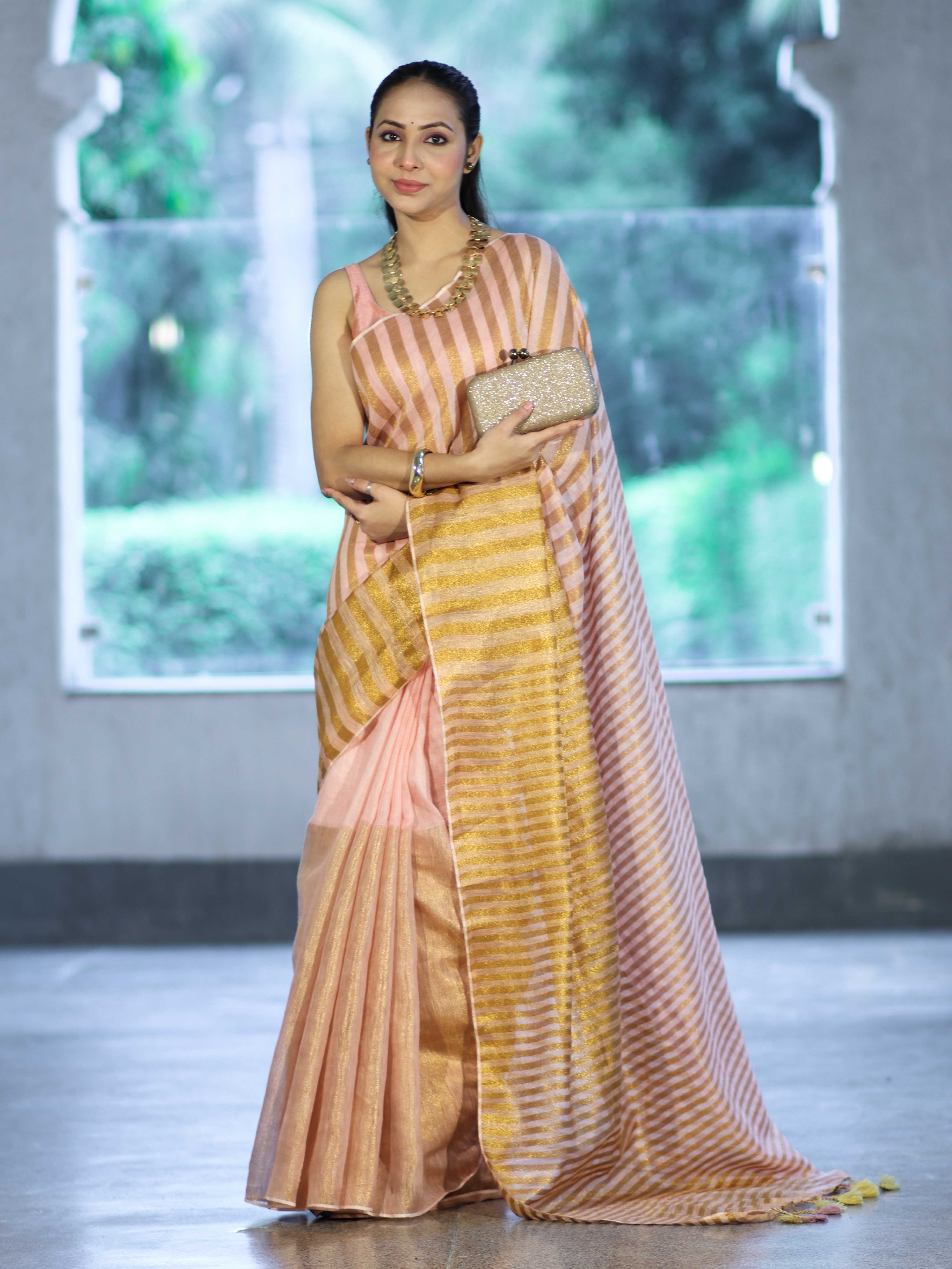 Bhagalpur Handloom Pure Linen Cotton Saree With Zari Stripes Design-Peach & Gold
