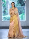 Bhagalpur Handloom Pure Linen Cotton Saree With Zari Stripes Design-Peach & Gold