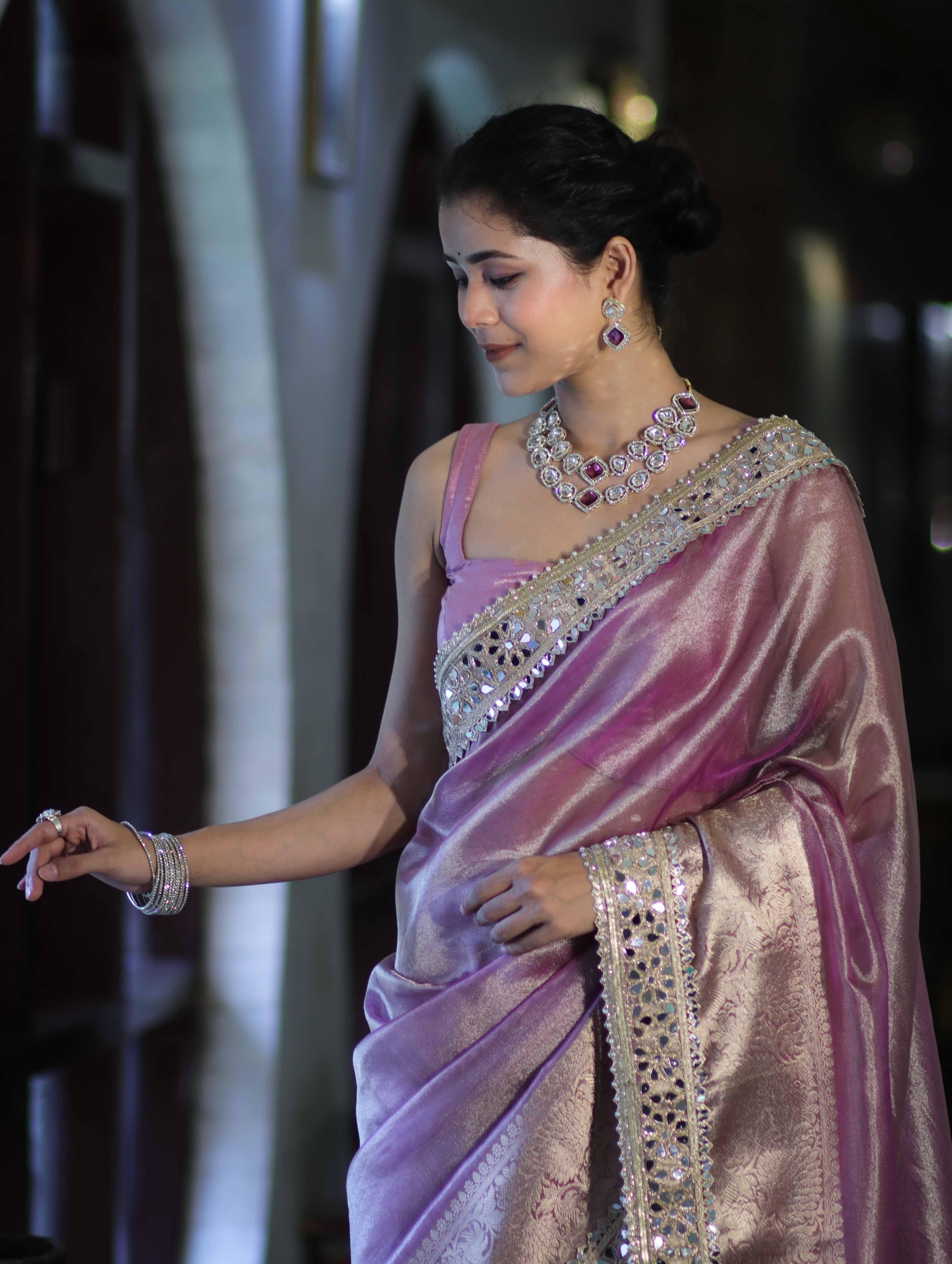Banarasee Handwoven Tissue Saree With Floral Zari Border & Mirror Work Lace–Onion Pink