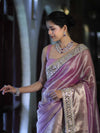 Banarasee Handwoven Tissue Saree With Floral Zari Border & Mirror Work Lace–Onion Pink