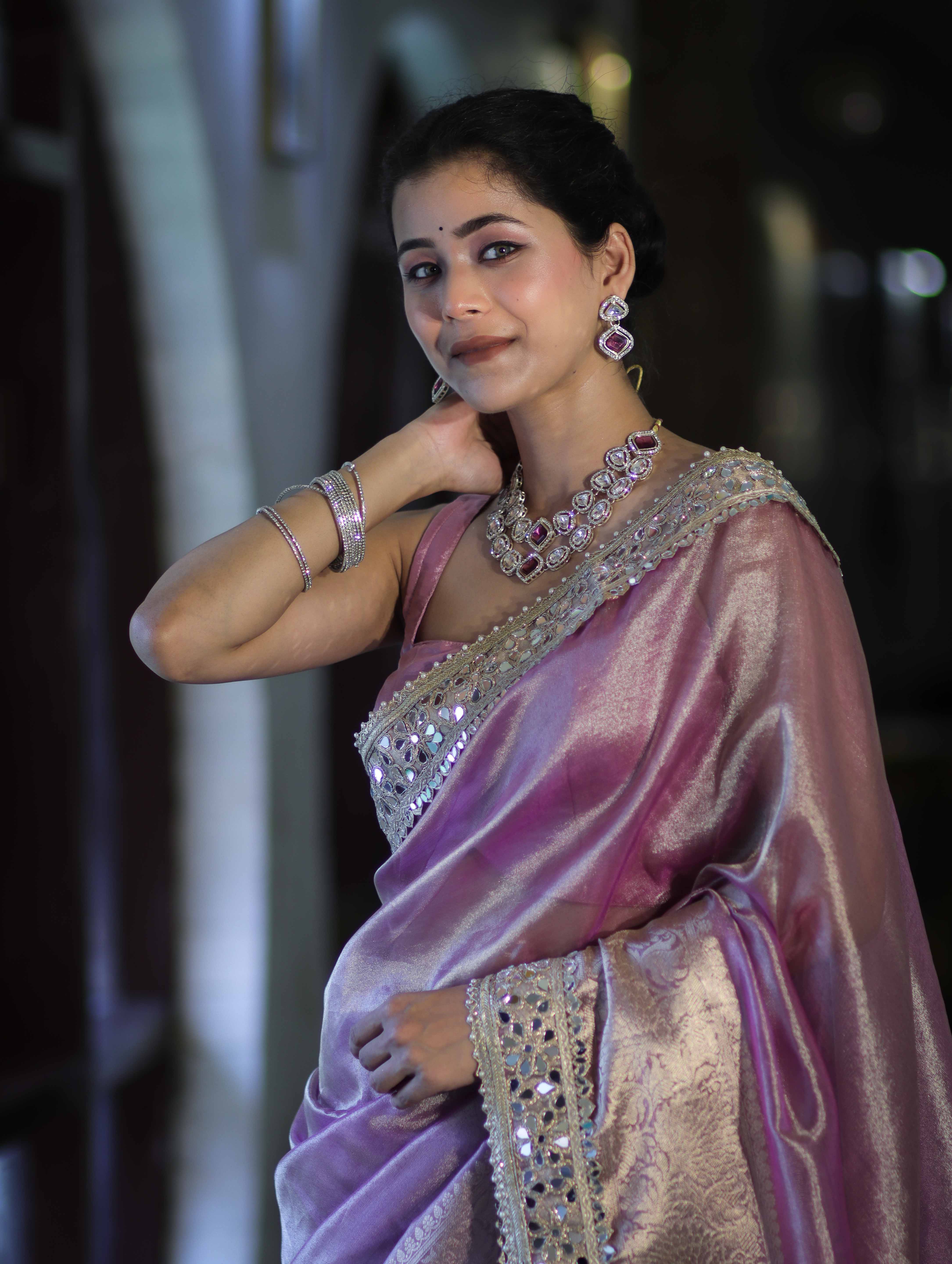 Banarasee Handwoven Tissue Saree With Floral Zari Border & Mirror Work Lace–Onion Pink
