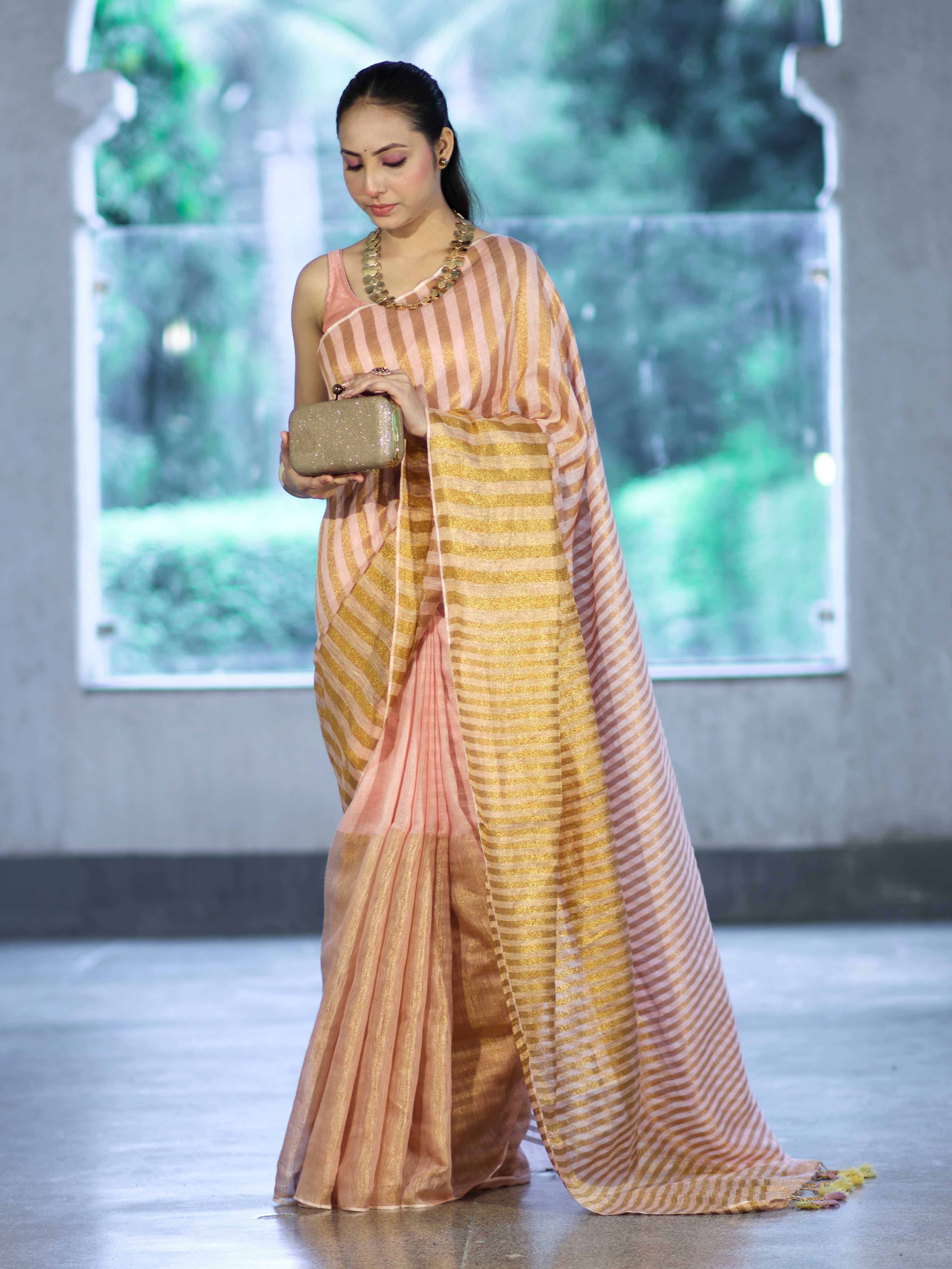 Bhagalpur Handloom Pure Linen Cotton Saree With Zari Stripes Design-Peach & Gold