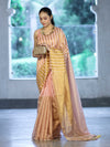 Bhagalpur Handloom Pure Linen Cotton Saree With Zari Stripes Design-Peach & Gold