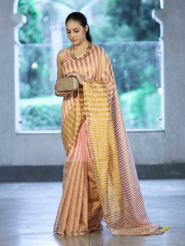 Bhagalpur Handloom Pure Linen Cotton Saree With Zari Stripes Design-Peach & Gold