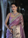 Banarasee Handwoven Tissue Saree With Floral Zari Border & Mirror Work Lace–Onion Pink