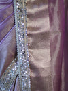 Banarasee Handwoven Tissue Saree With Floral Zari Border & Mirror Work Lace–Onion Pink