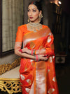 Banarasee Handwoven Semi-Katan Tanchoi Weaving Floral Border Saree-Orange