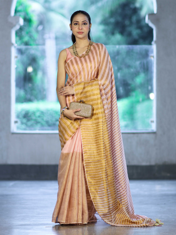 Bhagalpur Handloom Pure Linen Cotton Saree With Zari Stripes Design-Peach & Gold